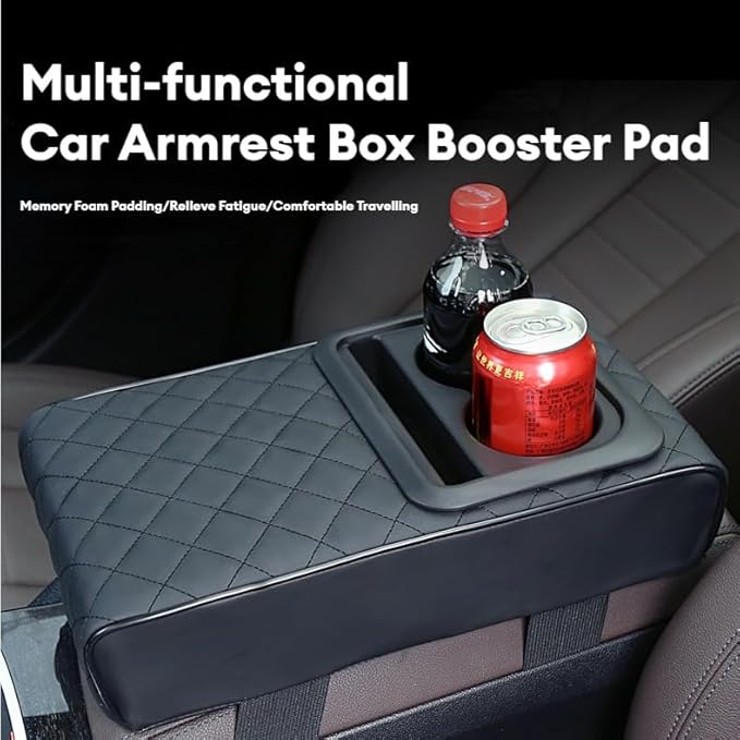 Center Console Cover Car Armrest Box Pad Leather Arm Rest Cushion with Cup Holder Mobile Phone Storage Armrest Protection Pad for Car (Pure Black, 13.58 * 8.07 * 2.95 inch)