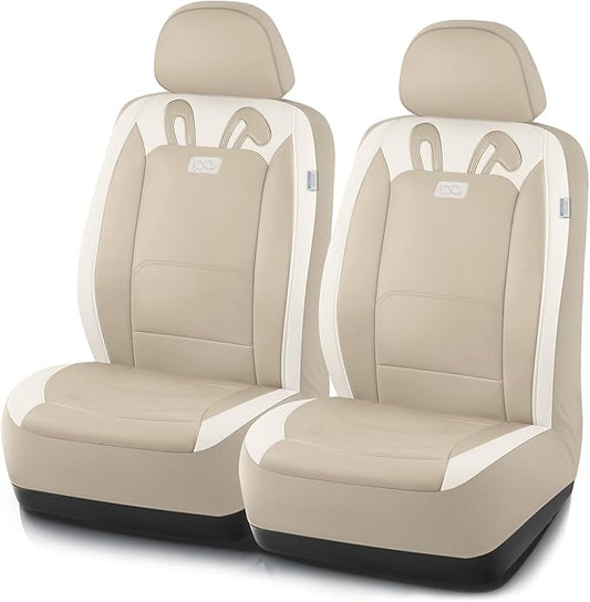PIC AUTO Car Seat Covers, Cute Rabbit Premium Beige Leather Seat Covers, Universal Fit Front Seat Covers for Cars, Trucks, SUVs, Soft & Wear-Resistant Auto Interior Protection with Airbag-Compatible