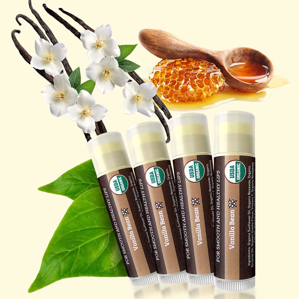 Earth's Daughter USDA Organic Lip Balm 4-Pack Vanilla Flavor - Beeswax, Coconut Oil, Vitamin E - Best Lip Repair Chapstick for Dry Cracked Lips.
