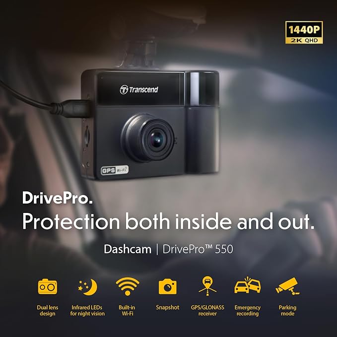 Transcend 64GB, Dual 2K+1080P Dash Cam Front and Rear Inside, 140 Wide-Angle, 2.4 Display, Built-in WiFi GPS,G-Sensor, Night Vision, Loop Recording, Parking Mode, ADAS, for Cars Taxi - TS-DP550B-64G