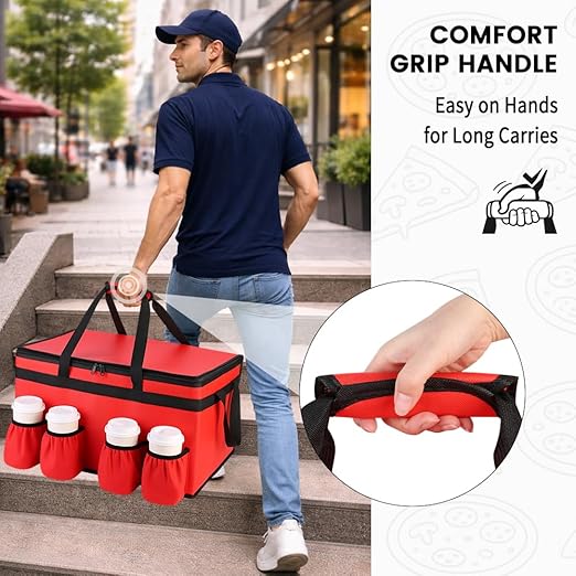CIVJET Insulated Food Delivery Bag with 4 Cup Holders and Bottom Support, XXX-Large Insulated Grocery Bags Keep Food Hot/Cold, Cooler Bags with Drink Carrier, Food Carrier Catering Bag for Events, Red