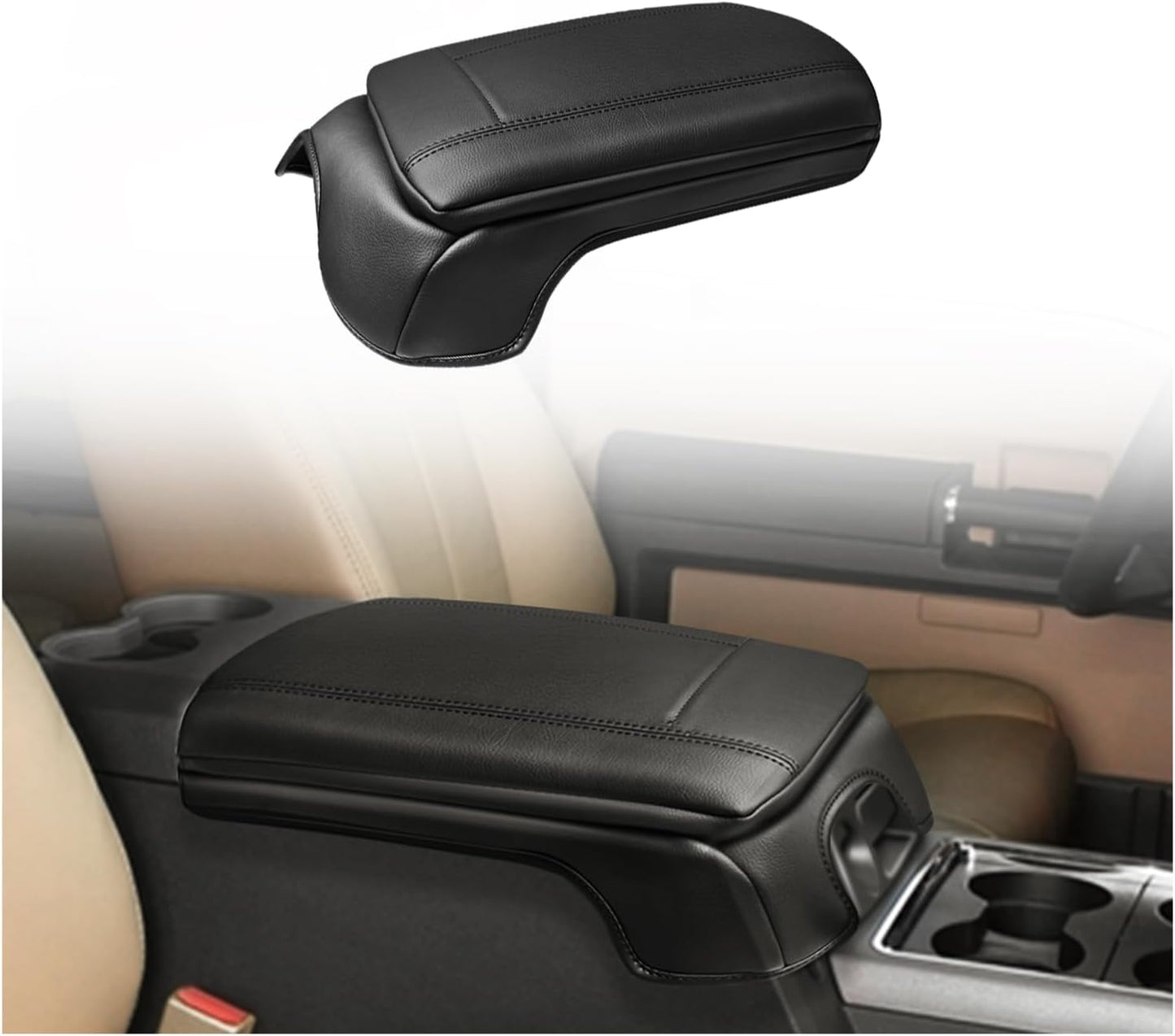 Muslogy Center Console Armrest Cover Compatible with Ford F250 F350 F450 2011-2016 Super Duty Comfort Armrest Pad Arm Rest Cushion Vegan Leather Protector 1-Inch Extra Thick(Bucket Seat ONLY)