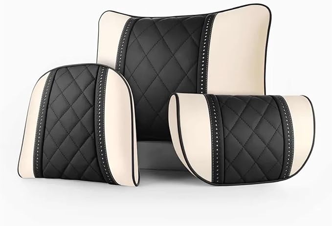 Car seat headrest Leather Car Fit for Seat Rest Cushion Headrest Car Neck Pillow Fit for BMW (Color : Beige black-01)