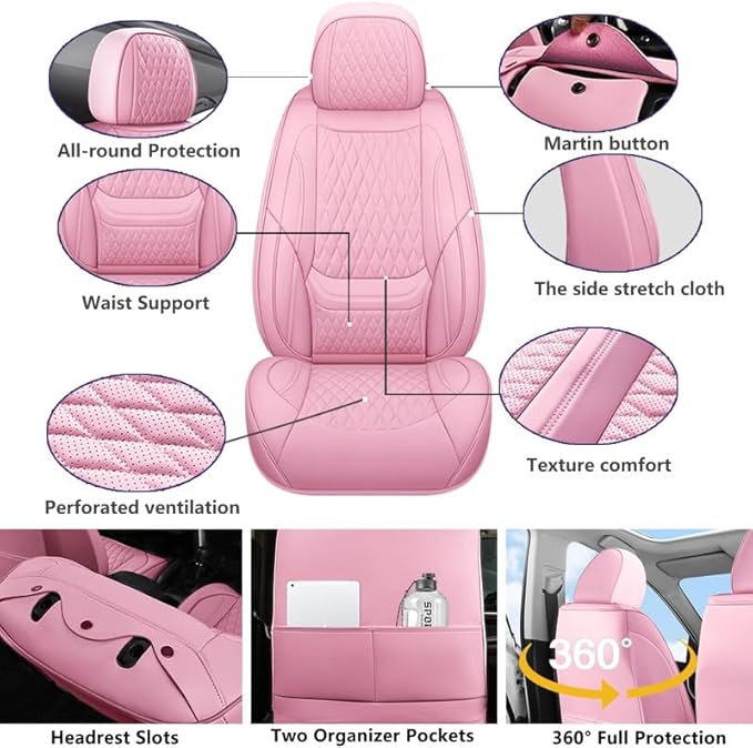 Front Seat Car Seat Covers Custom Fit for Pontiac Vibe 2003-2010 - Premium Faux Leather with Lumbar Support | Breathable, Waterproof, Anti-Slip, Durable (Pink,Front Seat)