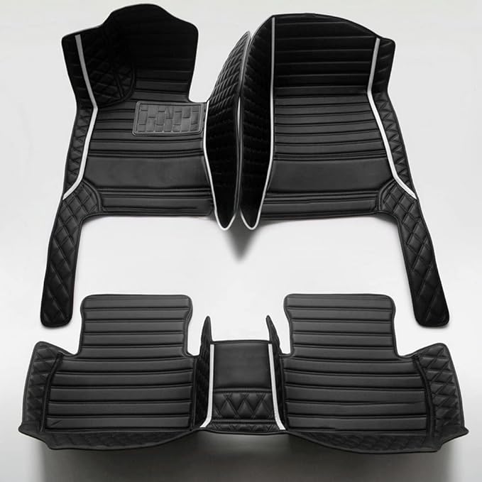 Custom Personalized Car Floor Mats - Luxury Full Coverage All Weather Cars Mats, Anti-Slip Leather Car Mat Set, Custom Floor Mats Fit for 99% of Cars, SUVs & Trucks (Black+Withe bar, D-Diamond+Strip)