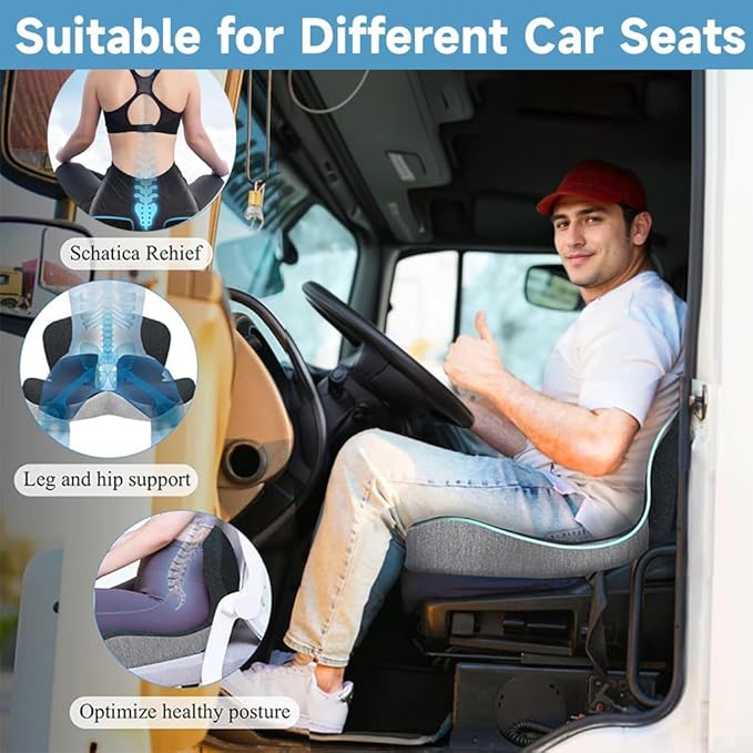 Memory Foam Seat Cushion for Truck Drivers, Office Chairs Ergonomic Seat Cushion for Back, Tailbone Sciatica Pain Relief, Pressure Relief Pad for Long Sitting, Car Seat Desk Chair Use (Gray)