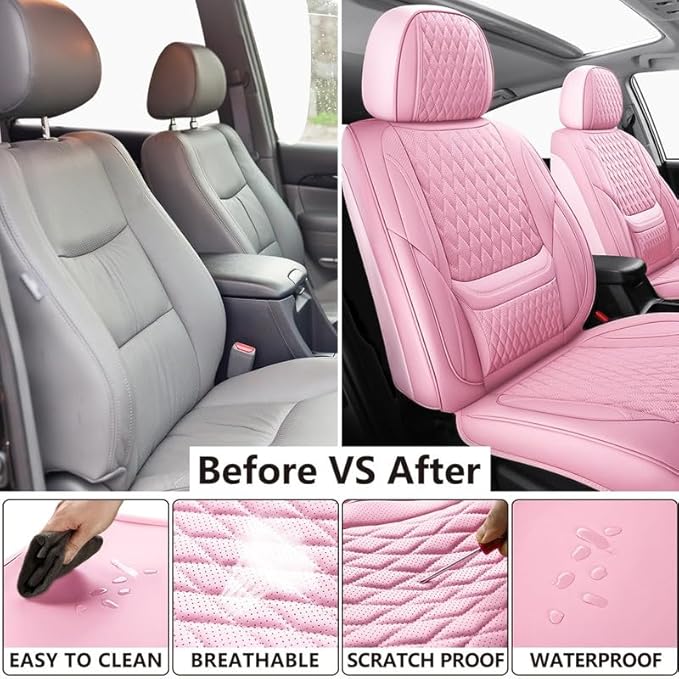 Car Seat Covers Full Set Custom Fit for Saturn Ion 2003-2010 - Premium Faux Leather with Lumbar Support | Breathable, Waterproof, Anti-Slip, Durable (Pink,Full Set)