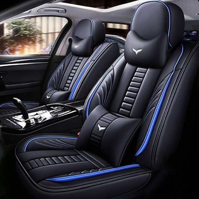 for Chevy Equinox Seat Covers 2005-2026, Full Coverage Customized Car Seat Covers, Premium Leather Waterproof Stain-Resistant Easy to Install (Luxury 2 Seats, Black&Blue)