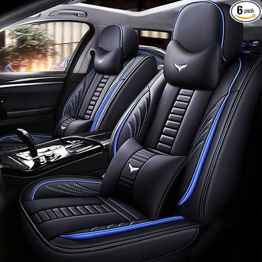 for Toyota RAV4 2008-2025 Car Seat Covers, Full Coverage Customized Seat Covers Premium Leather Waterproof Stain-Resistant Easy to Install (Front Set with Pillows, Black&Blue)
