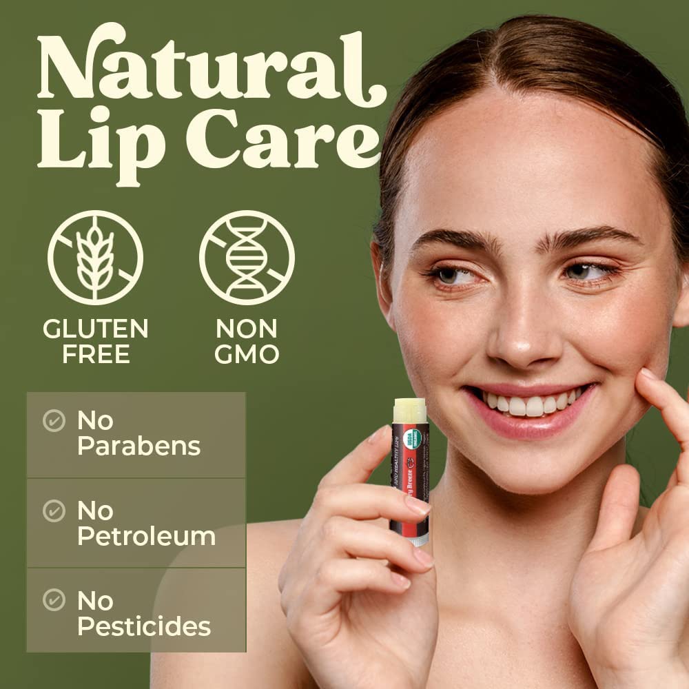Earth's Daughter USDA Organic Lip Balm 4-Pack Strawberry flavor - Beeswax, Coconut Oil, Vitamin E - Best Lip Repair Chapstick for Dry Cracked Lips.