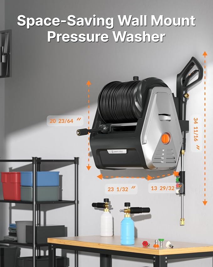 Giraffe Tools Wall Mounted Pressure Washer Essential with Upgraded 1800W Motor, 2900 PSI, 2.2 GPM Electric Power Washer, Automatic Rewind, 100ft Pressure Hoses, 5 Nozzles for Floor/Cars/Fences/Patios