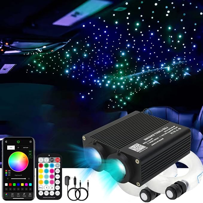 AZIMOM Dual Color 32W 1200pcs Fiber Optic Starlight Headliner Kits 0.03in 9.8ft Fiber Strands Sound-Activated APP/Bluetooth Remote Control Home Car Star Ceiling Roof Decor