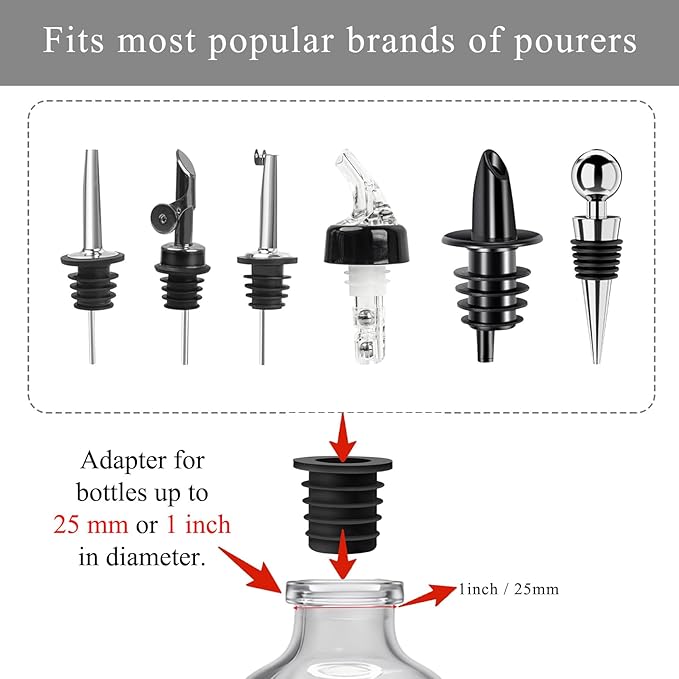 24-Pack Liquor Bottle Pourers with Adapters, Liquor Pour Spout Adapters set for for Large Olive Oil Bottles and Liquor Bottles - Up to 1 Inch/25mm Neck Converts Spout into a Large Pour Spout,Sliver