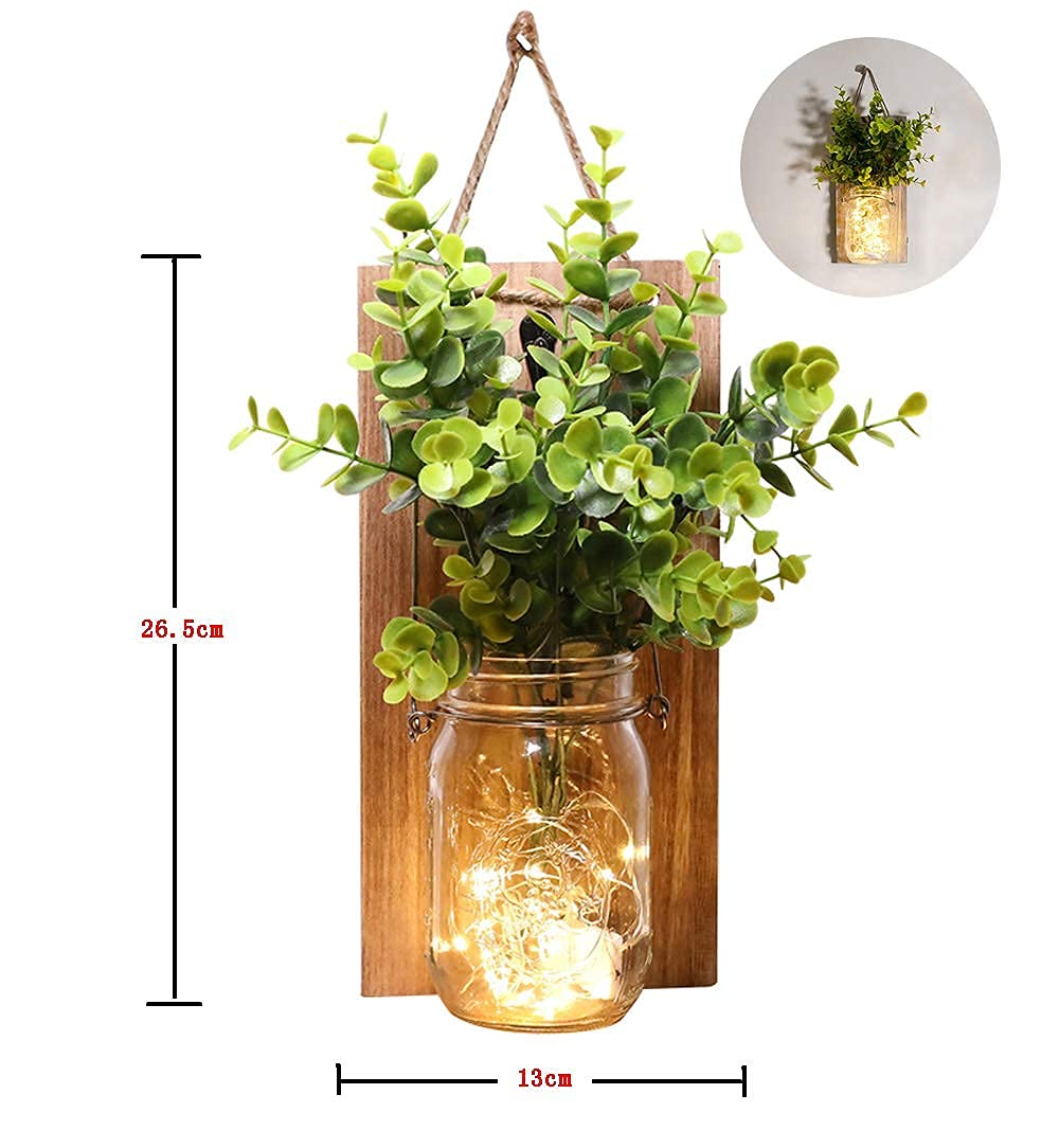 Rustic Wall Sconces, Mason Jar Sconces, Farmhouse Home Decor, LED Fairy Lights, Green Fake Plant, Interior Decoration Warm Toned Lighting. (2 Pack)