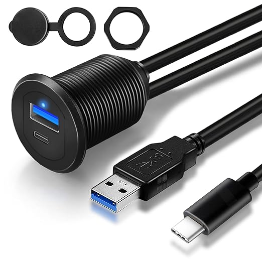 Type C 3.1 & USB 3.0 Car USB Port Mount Flush Cable Male to Female, Dashboard Panel Extension Cable for Car Boat Motorcycle with LED Indicator (1 feet)