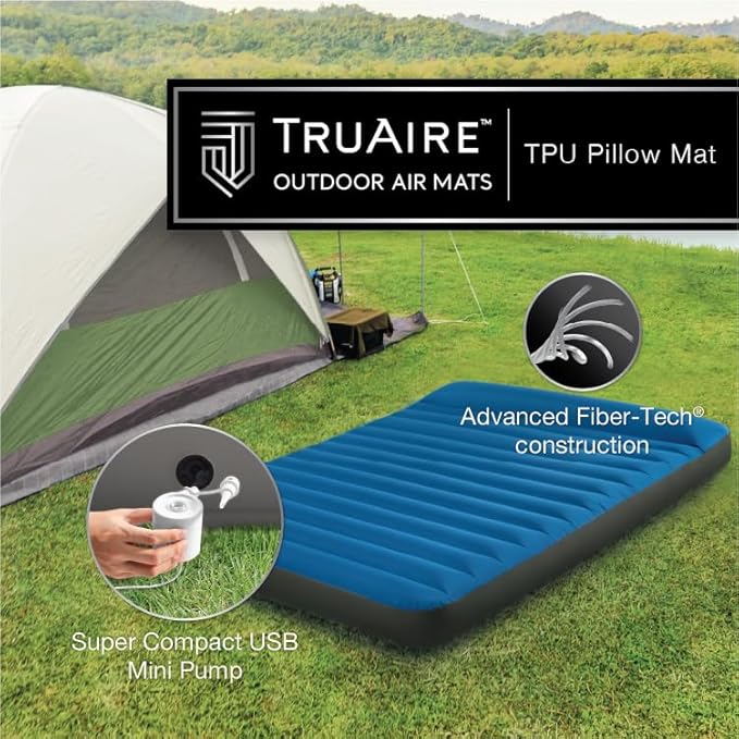 Intex 60412E TruAire Luxury Camping Mattress: Fiber-Tech – Puncture-Resistant Laminate – QuickFill USB Air Pump – 600lb Weight Capacity – Full Size, Blue
