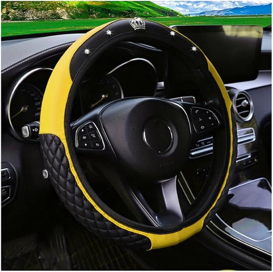 Bling Car Steering Wheel Cover, Diamond Leather Crystal Rhinestones Vehicles Steering Wheel Protector, Sparkling Anti-Slip Automotive Interior Decoration Accessories, Universal Fit (Yellow)