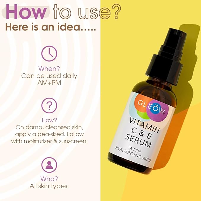 GLEOW Vitamin C Face Serum, Hydrating Vitamin C Serum for Face with Hyaluronic Acid, Suitable For All Skin Types, Targets the Appearance of Dull Spots 2oz