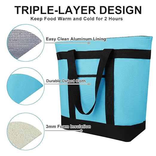 CIVJET Insulated Reusable Tote Bag for Grocery Shopping for Women/Men, Pizza/Food Delivery Bag to Keep Food Cold/Hot for Commercial Food Transport, Cooler bags for Travel/Beach/Picnic, Blue