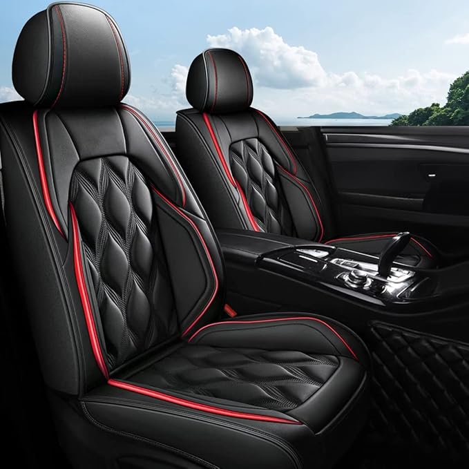 AOMSAZTO Front Seat Covers Fit for Sentra 2008-2026 Waterproof Faux Leather Car Seat Cover Compatible with Airbag(2PCS Front, Black&Redline)