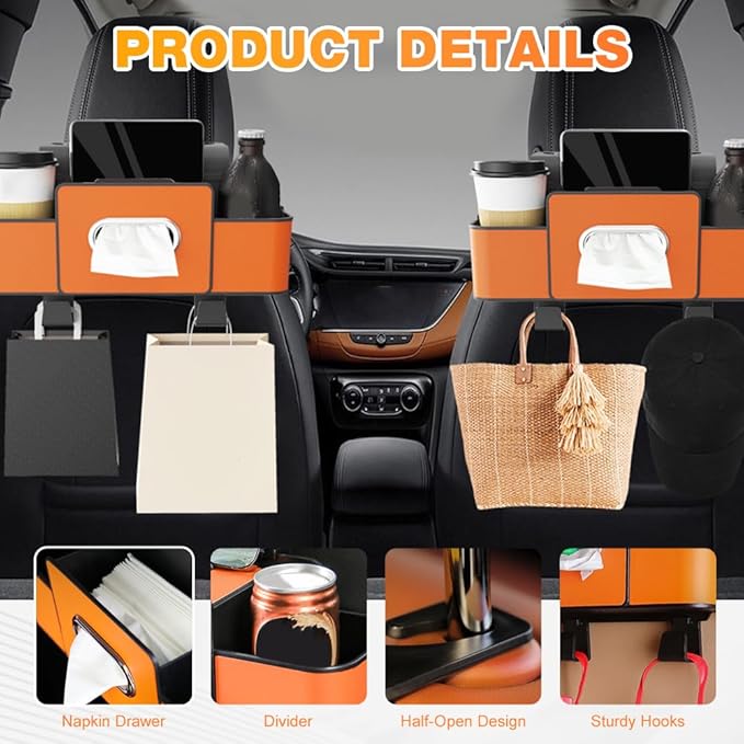 Back Seat Car Organizer,3 in 1 Car Backseat Storage Box with Cup Holder,Tissue Box,Trash Bin&Hooks,Multifunctional Waterproof Storage for Hold Phones Snacks Drinks Handbags (1, White)