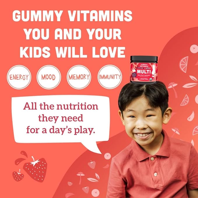 Llama Naturals Kids Multivitamin Gummies, Vegan, Organic with Vitamin D, C & K, Toddler Real Fruit Gummy Vitamins, Chewable Supplement, Whole Food Multivitamin, No Added Sugar Cane, Strawberry, 2 Pk