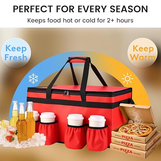 CIVJET Insulated Food Delivery Bag with 4 Cup Holders, XX-Large Insulated Grocery Bags Keep Food Hot/Cold, Cooler Bags with Drink Carrier, Food Carrier Catering Bag, Commercial Food Warmer Bag, Red