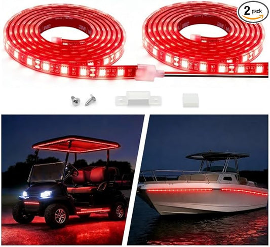 12V Marine Boat LED Light Strip Super Bright, 2 Pack 4FT IP68 Fully Waterproof RV Front Cap Lights, Golf Cart Underglow Roof Lights Strip for Truck ATV UTV SUV Car Pickup Trailer, Cuttable, Red