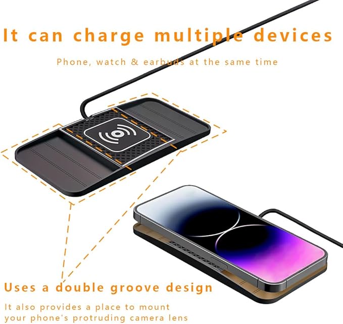 Wireless Charging Pad for Car for Ford F-150 Lightning 2022-2025, DIY Trim-to-Fit Slim Non Slip Fast Charger Car Wireless Charging Pad 30CM Cable,A&30cm Type-C Plug Cable