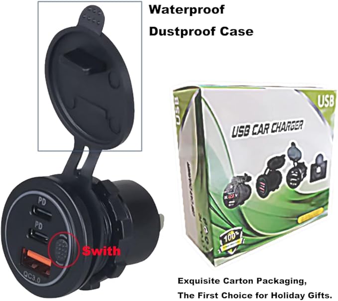 3 Ports 18W USB Car Charger with Switch, 12-24V QC 3.0 USB & Dual PD USB C Cigarette Lighter Socket, Waterproof Dashboard Mount Quick Charger for Car Motorcycle Truck Marine Boat, Green Light