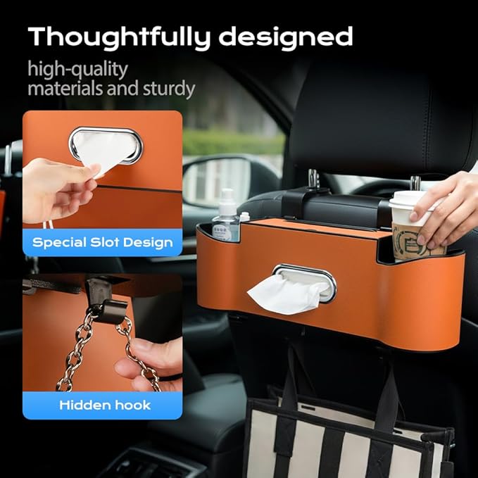 3-in-1 Car Backseat Organizer, 2026 New Multifunctional Back Seat Car Organizer with Cup Holder, Tissue Box, Trash Bin & Hooks for Hold Phones, Snacks, Drinks, Handbags (1, Orange)