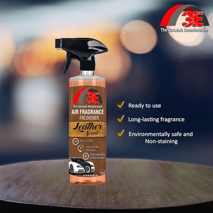 3E Car Air Freshener Premium Leather Scent 16 fl oz – Professional Automotive Air Freshener & Odor Eliminator, Long-Lasting Interior Fragrance for Cars, Trucks, SUVs, RV, Home & Office (LEATHER)