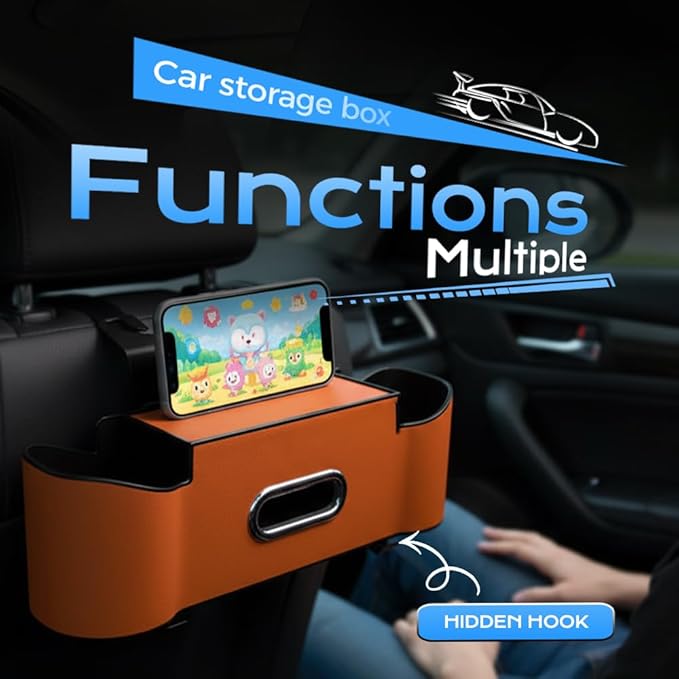 3-in-1 Car Backseat Organizer, 2026 New Multifunctional Back Seat Car Organizer with Cup Holder, Tissue Box, Trash Bin & Hooks for Hold Phones, Snacks, Drinks, Handbags (2, Orange)