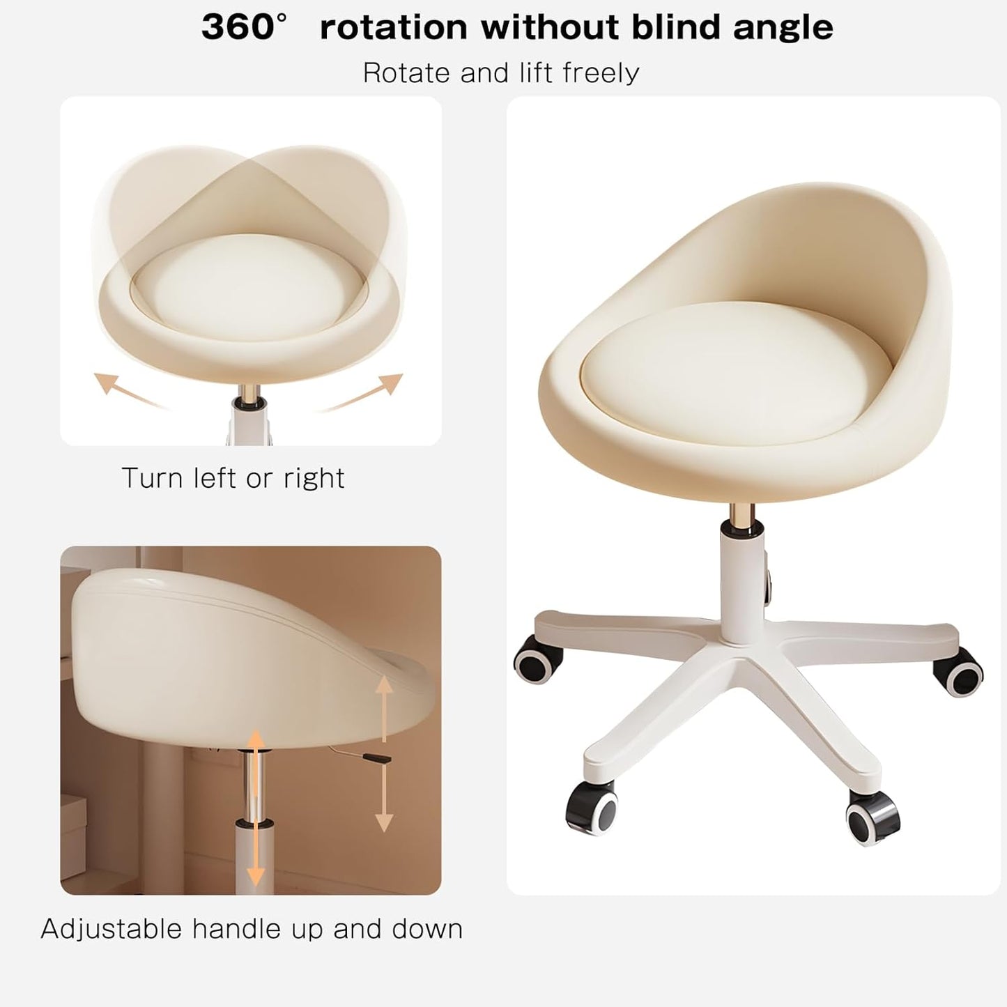 Rolling Stool Set of 2 Rolling Hydraulic Salon Stool with Low Backrest - Adjustable Swivel Chair for SPA, Shop, Salon, Massage, or Medical Office Beige