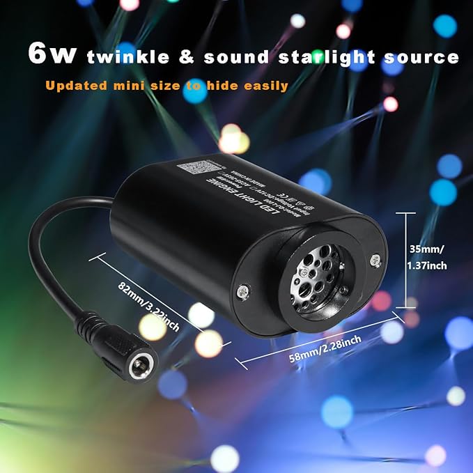 AMKI Mini 6W Starlight Headliner Kit 350pcs 0.03in 6.5ft,Twinkle+Sound Activated Fiber Optic Light 4Lamp Beam Starlight Box APP/Remote Control for Car Home Star Ceiling Decoration