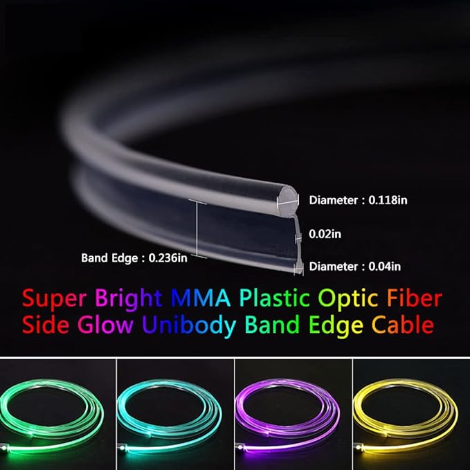 Super Bright MMA Plastic Optic Fiber Side Glow Unibody Band Edge Cable Car LED Illumination Optic Fiber Band Car Interior Atmosphere Lights (13.12ft)