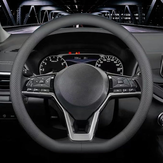 LKWLIKEI Nappa Leather D Shape car Steering Wheel Cover, Non-Slip, Breathable，Universal 15 inch.（D Shape Black）
