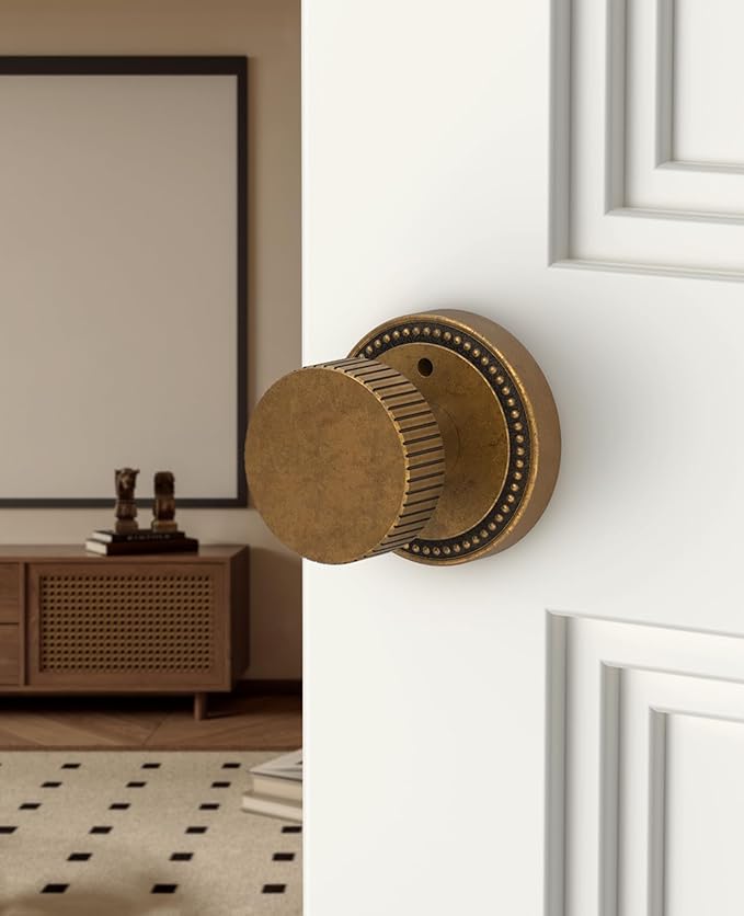 Asidrama 6 Pack Antique Brass Privacy Door Knobs with Lock, Vintage Door Handles with Antique Brass Door Knobs Interior for Bedroom or Bathroom, Heavy Duty Door Lever for Left Right Sided Doors