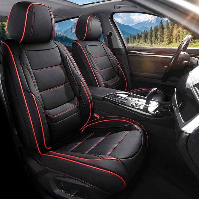Car Seat Covers Full Set Custom Fit for Buick Century 1997-2005-Luxury Leather with Lumbar Support, Breathable, Waterproof, Anti-Slip, Durable, Easy to Install (Black&Red,Full Set)