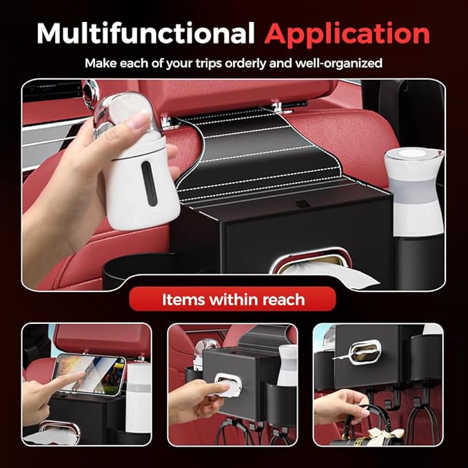 3-in-1 Car Backseat Organizer with Cup Holder, Tissue Box, Trash Bin & Hooks,Multifunctional Back Seat Car Organizer for Hold Phones,Snacks,Drinks,and Handbags (A-Black)