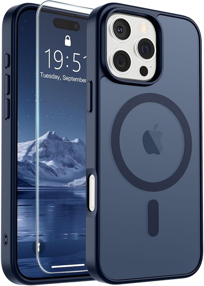 SUPFINE Magnetic for iPhone 16 Pro Max Case with Screen Protector (Compatible with MagSafe) (Military Grade Drop Protection) Translucent Matte Shockproof Phone Cover,Dark Blue