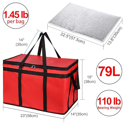 CIVJET 2-Pack Insulated Food Delivery Bag with Hard Bottom, XXX-Large Commercial Food Warmer, Insulated Reusable Grocery Cooler/Hot Bags, Tote Bag for Shopping/Travel, Red