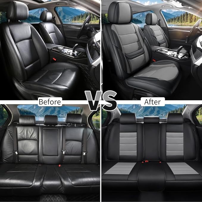 Car Seat Covers Full Set Fit for Buick Century 1997-2005, Premium Faux Leather Waterproof Car Seat Protectors with Lumbar Support, Breathable Anti-Slip Easy to Install(Black&Gray,Full Set)