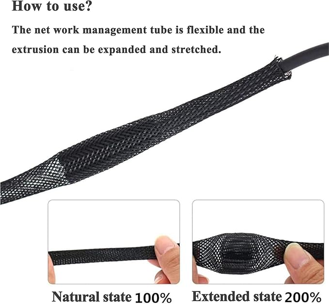 25ft - 1/4 Inch Cable Management Sleeve Protector,Wire Loom PET Expandable Wire Sleeving for Office TV Computer Home Theater Engine Bay Cord Organizer,Protect Cables from Pet Cat Dog Chewing,Black
