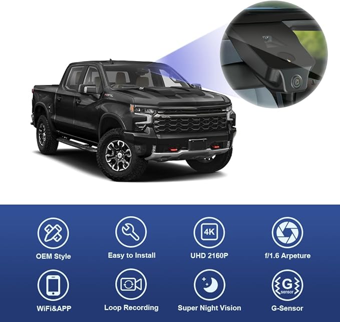 Fitcamx 4K Dash Cam Suitable for Chevy Silverado 2022-2025 (HD2-4925, 8 Vents) 1500 2500HD 3500HD & EV, OEM Style, 2160P UHD Video, WiFi & APP, Loop Recording, G-Sensor, Plug & Play, 64GB Card