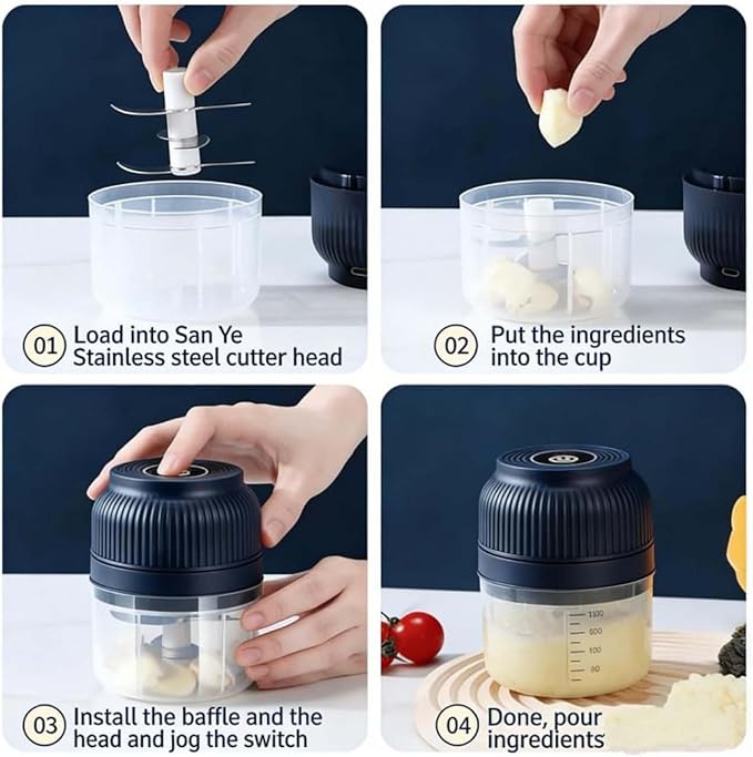 Household Electric Garlic Crusher, Electric Garlic Chopper, Mini Portable Veggie Chopper with 4/6 Stainless Steel Blades, Wireless Rechargeable Food Cutter for Garlic, Onion, Chili (2PCS-B,250ML)