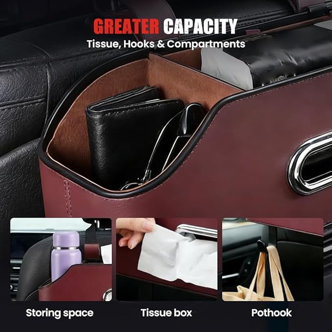 3-in-1 Car Backseat Organizer, 2026 Multifunctional Car Back Seat Storage Organize Box with Cup Holder Tissue Box, for Hold Phones, Snacks, Drinks, Handbags (Brown)