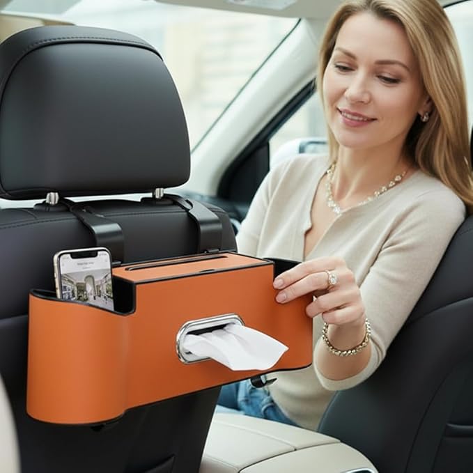 3-in-1 Car Backseat Organizer, 2026 New Multifunctional Back Seat Car Organizer with Cup Holder, Tissue Box, Trash Bin & Hooks for Hold Phones, Snacks, Drinks, Handbags (2, Orange)
