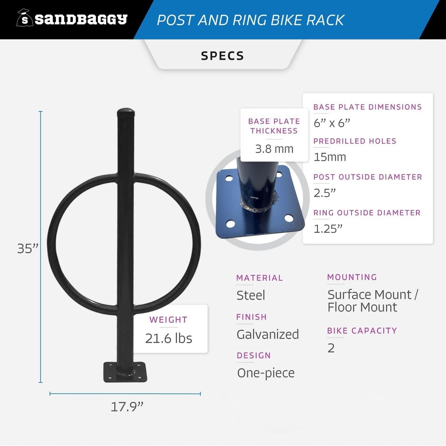 Sandbaggy Post and Ring Bike Rack - Commercial Bike Racks - Galvanized Steel - Anti-Theft Design - In Ground, Apartments, Sidewalks, Industrial (Red, 2)