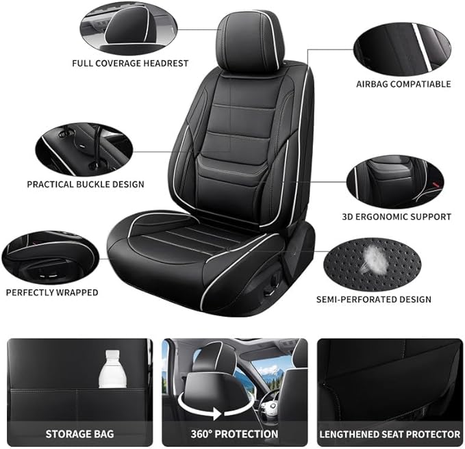 Car Seat Covers Full Set Custom Fit for Ford Fiesta 2011-2019-Luxury Leather with Lumbar Support, Breathable, Waterproof, Anti-Slip, Durable, Easy to Install (Black&White,Full Set)